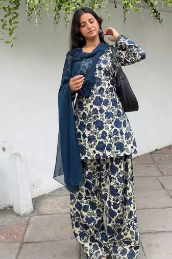 Blue pure cameric cotton party wear embroidery suit set