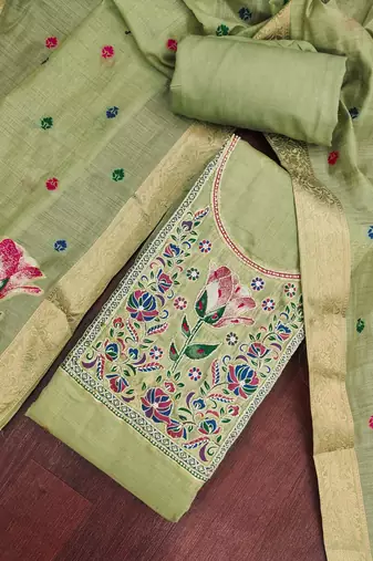 women's light green unstitched banarasi cotton dress material with woven dupatta
