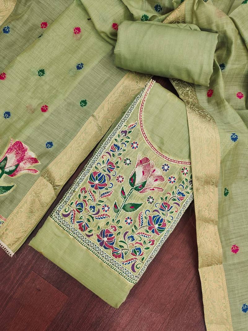 women's light green unstitched banarasi cotton dress material with woven dupatta