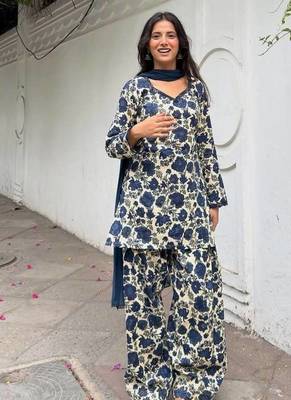 Blue pure cameric cotton party wear embroidery suit set 3