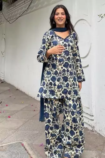 Blue pure cameric cotton party wear embroidery suit set