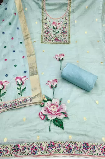 women's sea green unstitched pure banarasi cotton dress material & woven dupatta