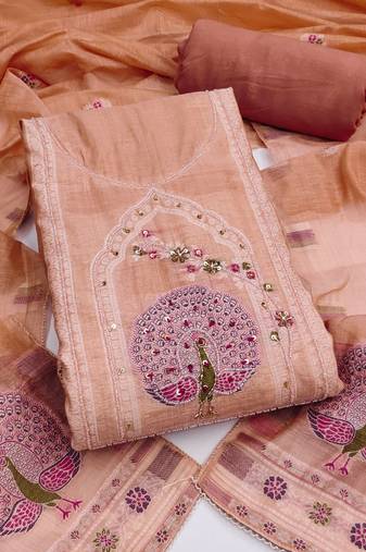 women's peach unstitched pure banarasi cotton dress material with woven dupatta