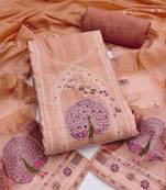 women's peach unstitched pure banarasi cotton dress material with woven dupatta