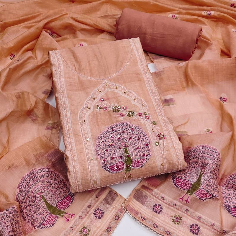 women's peach unstitched pure banarasi cotton dress material with woven dupatta