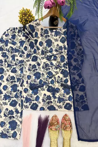 Blue pure cameric cotton party wear embroidery suit set