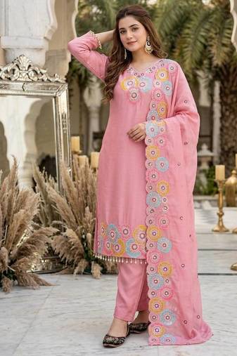 Pink heavy chinon silk party wear embroidery suit set