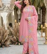 Pink heavy chinon silk party wear embroidery suit set