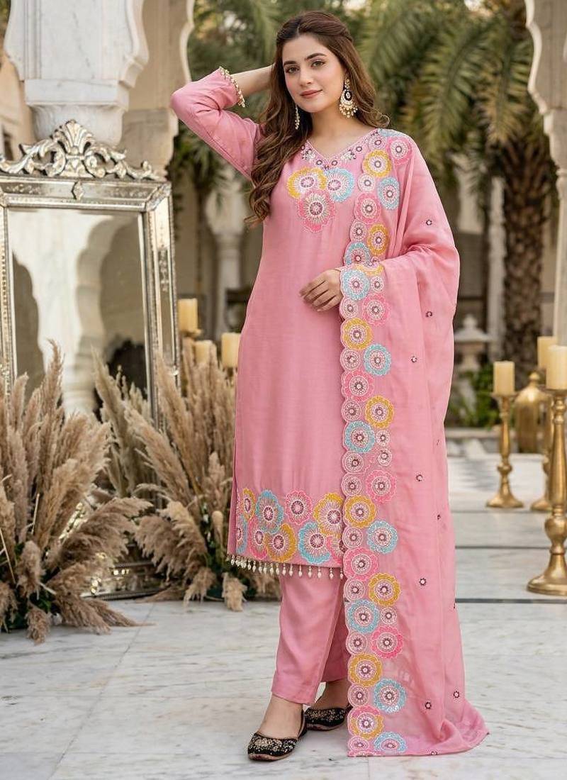 Pink heavy chinon silk party wear embroidery suit set