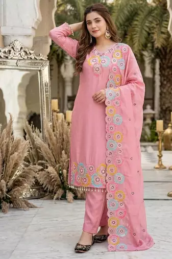 Pink heavy chinon silk party wear embroidery suit set