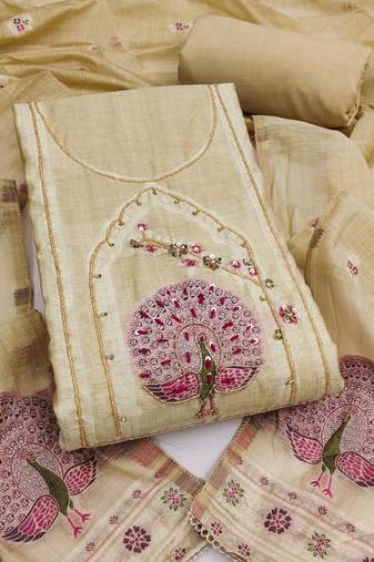 women's beige unstitched pure banarasi cotton dress material with woven dupatta