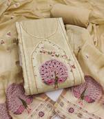 women's beige unstitched pure banarasi cotton dress material with woven dupatta