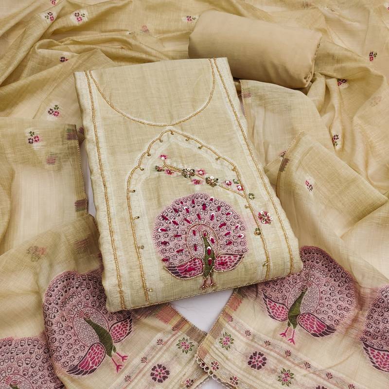 women's beige unstitched pure banarasi cotton dress material with woven dupatta
