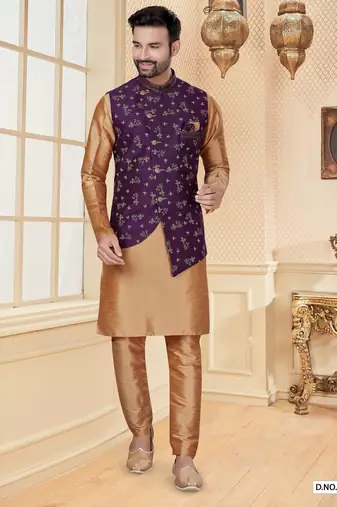 Purple jacquard digital print jacket kurta pajama set with fancy buttons.