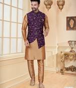 Purple jacquard digital print jacket kurta pajama set with fancy buttons.