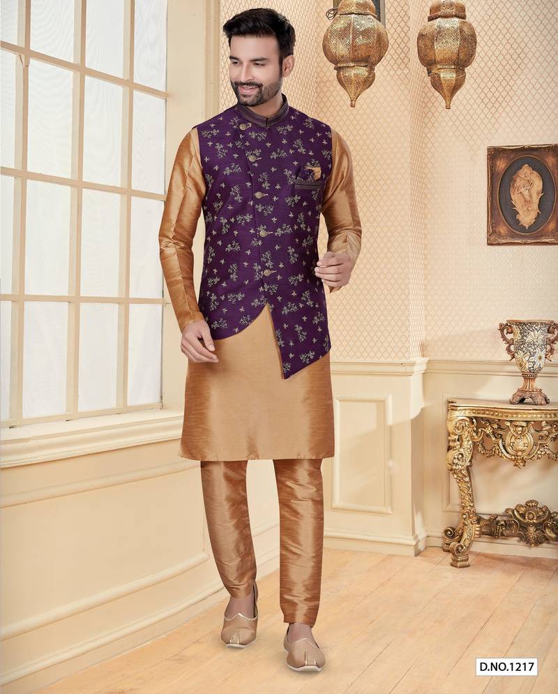 Purple jacquard digital print jacket kurta pajama set with fancy buttons.