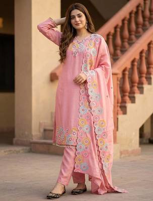 Pink heavy chinon silk party wear embroidery suit set 3