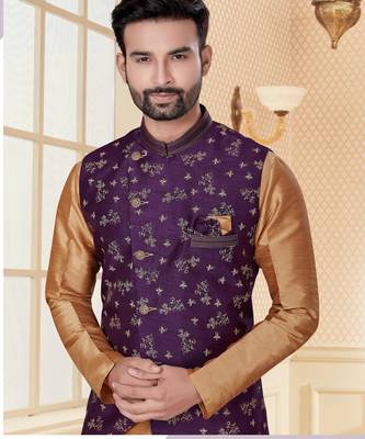Purple jacquard digital print jacket kurta pajama set with fancy buttons. 2