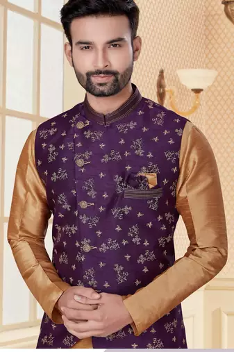 Purple jacquard digital print jacket kurta pajama set with fancy buttons.