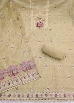women's beige unstitched pure banarasi cotton dress material with woven dupatta 2