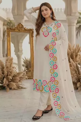 White heavy chinon silk party wear embroidery suit set