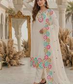 White heavy chinon silk party wear embroidery suit set
