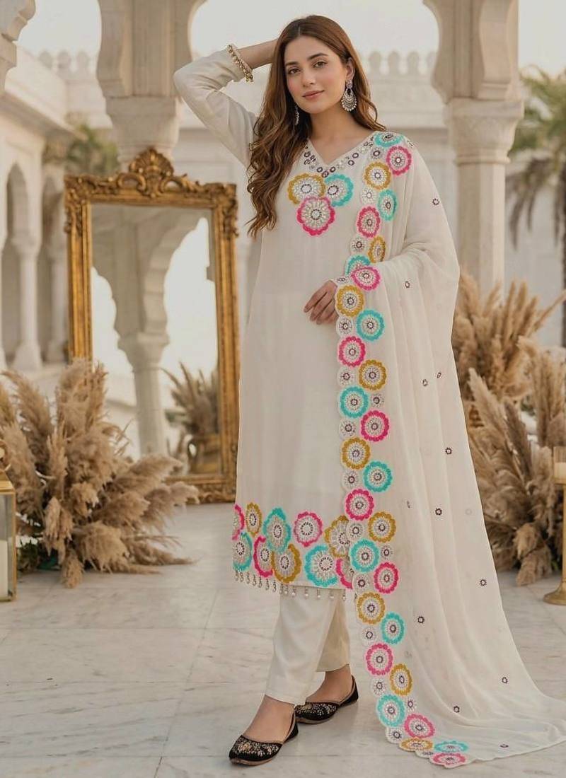 White heavy chinon silk party wear embroidery suit set