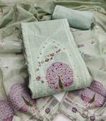 women's sea green unstitched pure banarasi cotton dress material & woven dupatta