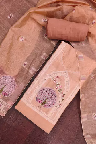 women's peach unstitched pure banarasi cotton dress material with woven dupatta