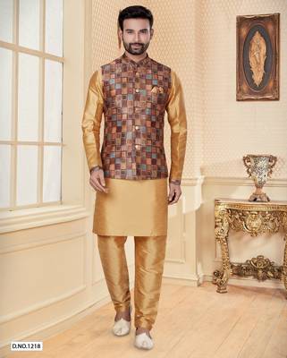 Multicolor jacquard digital print jacket kurta pajama set with fancy buttons. 1