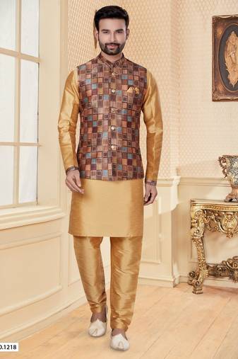 Multicolor jacquard digital print jacket kurta pajama set with fancy buttons.