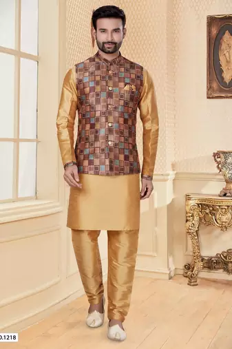 Multicolor jacquard digital print jacket kurta pajama set with fancy buttons.