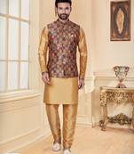 Multicolor jacquard digital print jacket kurta pajama set with fancy buttons.