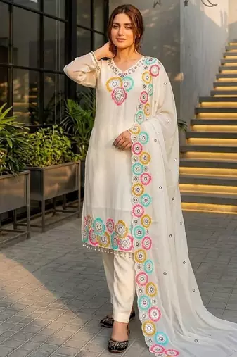 White heavy chinon silk party wear embroidery suit set