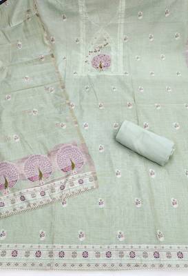 women's sea green unstitched pure banarasi cotton dress material & woven dupatta 2