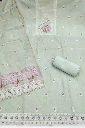 women's sea green unstitched pure banarasi cotton dress material & woven dupatta