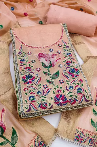 women's light peach unstitched banarasi cotton dress material with woven dupatta