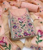 women's light peach unstitched banarasi cotton dress material with woven dupatta