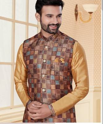 Multicolor jacquard digital print jacket kurta pajama set with fancy buttons. 2