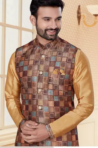 Multicolor jacquard digital print jacket kurta pajama set with fancy buttons.