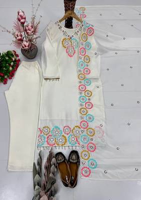 White heavy chinon silk party wear embroidery suit set 4