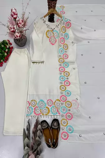 White heavy chinon silk party wear embroidery suit set