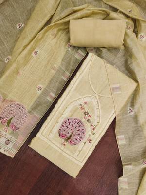 women's beige unstitched pure banarasi cotton dress material with woven dupatta 4