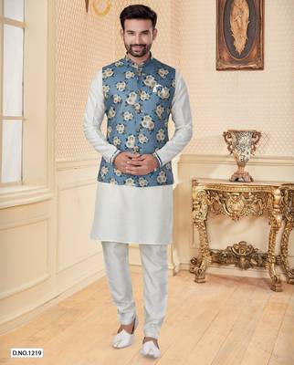Sky blue jacquard digital print jacket kurta pajama set with fancy buttons. 1