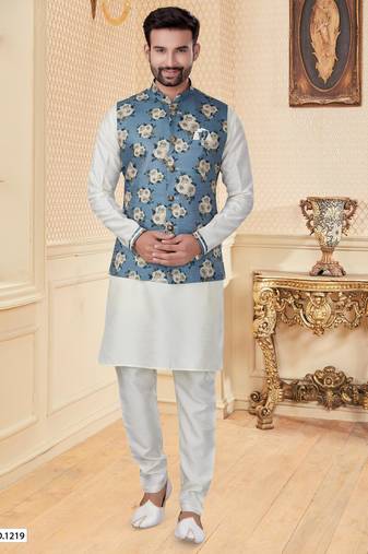 Sky blue jacquard digital print jacket kurta pajama set with fancy buttons.