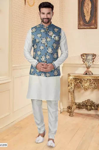 Sky blue jacquard digital print jacket kurta pajama set with fancy buttons.