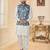 Sky blue jacquard digital print jacket kurta pajama set with fancy buttons.