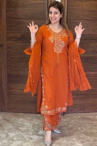 Orange heavy vichitra silk party wear embroidery suit set