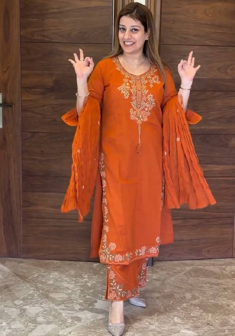 Orange heavy vichitra silk party wear embroidery suit set