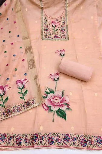 women's light peach unstitched banarasi cotton dress material with woven dupatta
